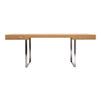Modern wood desk with a warm oak finish and sleek stainless steel legs. Minimalist design with two silver drawer handles.
