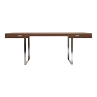 Modern wooden table with a rich brown finish and sleek silver metal legs. Minimalist design with subtle drawer accents.