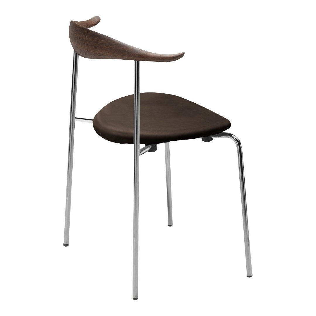 Brown wooden chair with a sleek chrome frame and minimalist design, featuring a smooth, curved backrest.