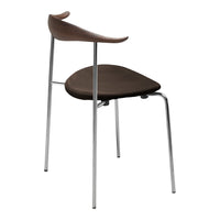 Brown wooden chair with a sleek chrome frame and minimalist design, featuring a smooth, curved backrest.