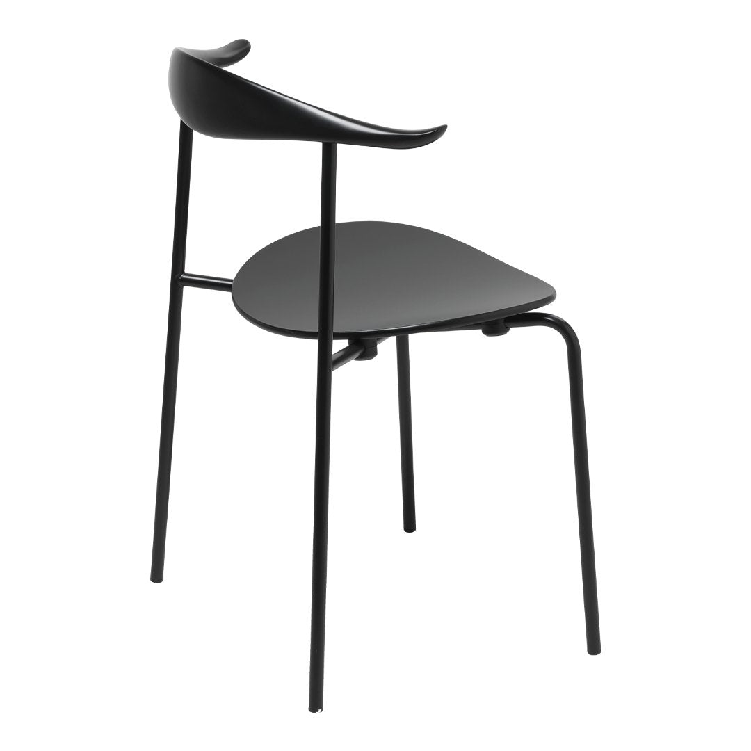 Modern black chair with a curved backrest and sleek lines, featuring a minimalist design and smooth matte finish.