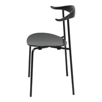 Black and gray chair with sleek, minimalist design and smooth curves, accentuated by a modern, structured frame.