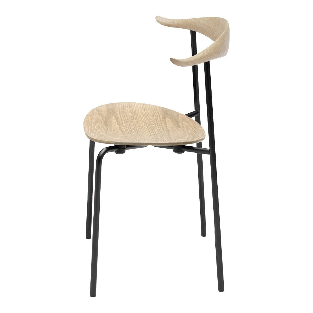 Minimalist chair featuring a light wood seat and black metal legs, with a unique curved backrest design.