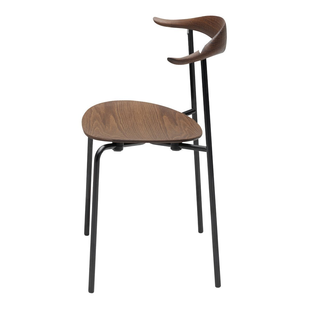 Modern chair featuring a sleek black metal frame and a rich walnut wood seat, with smooth, minimalist lines and contours.