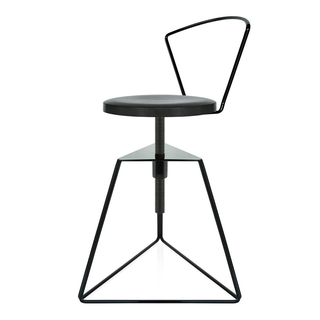 Black metal bar stool with a minimalist geometric design and sleek circular seat. Modern and stylish accent for any space.