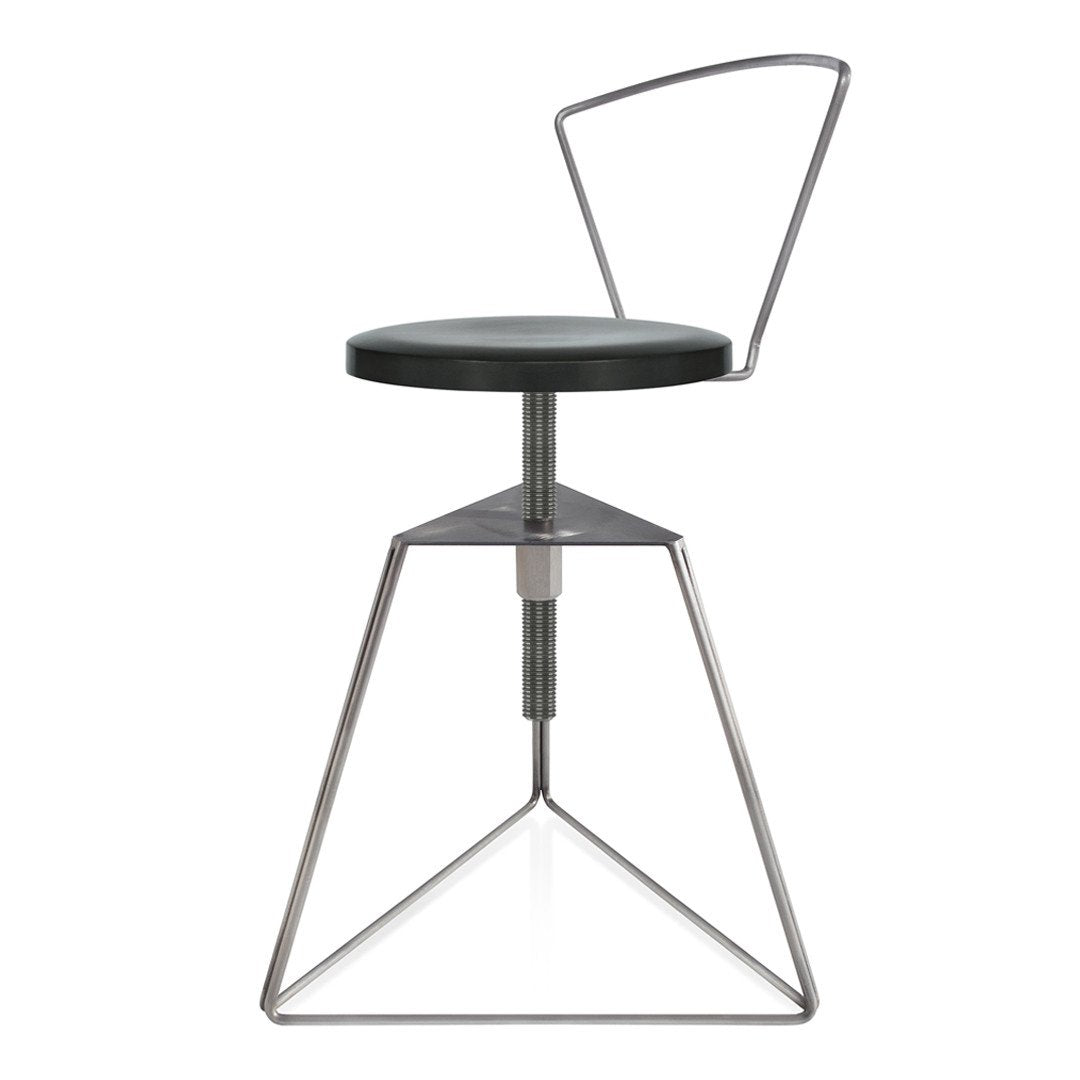 Black round seat with a sleek silver geometric base and minimalistic wire backrest for a modern aesthetic.
