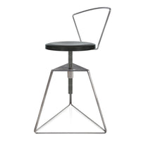 Black round seat with a sleek silver geometric base and minimalistic wire backrest for a modern aesthetic.