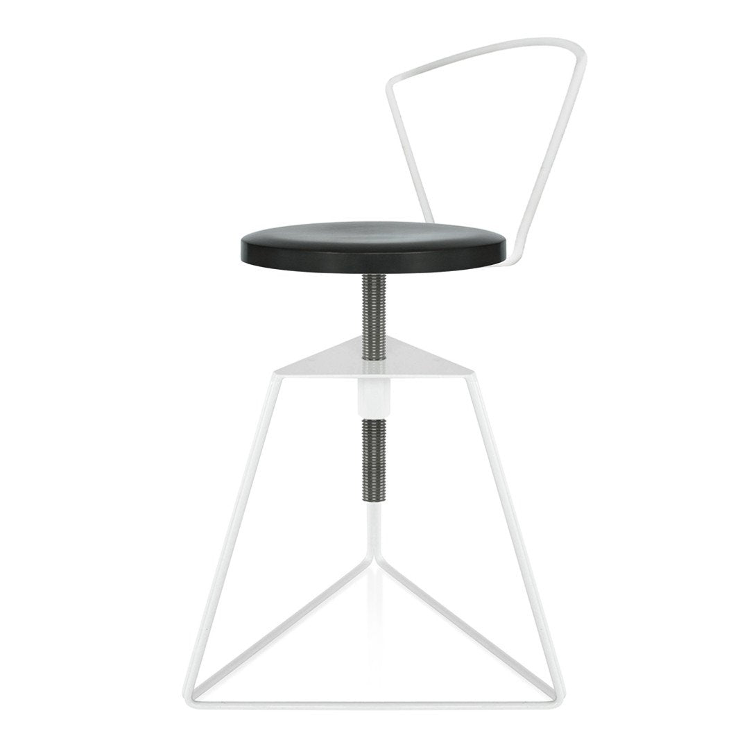Black round seat with white metal frame in a geometric design, featuring clean lines and modern aesthetics.