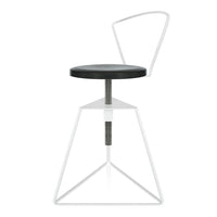 Black round seat with white metal frame in a geometric design, featuring clean lines and modern aesthetics.