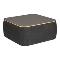 Gray upholstered ottoman with a smooth, dark wood top and minimalist design. Perfect for modern decor.