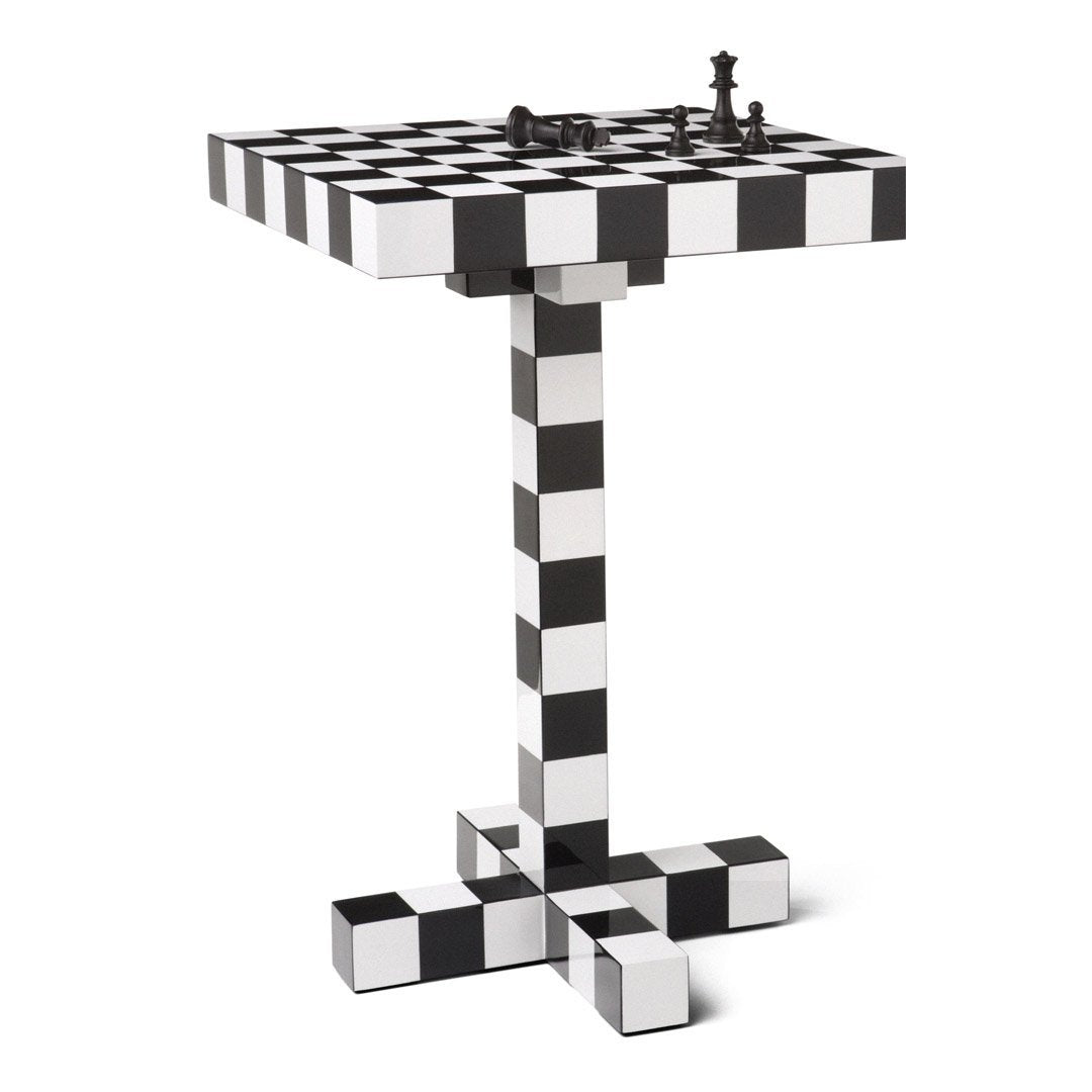 Black and white checkered table with a chessboard pattern, featuring a geometric design and contrasting squares.