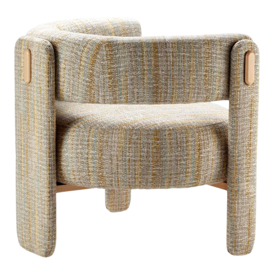 Modern accent chair featuring a textured, gray fabric with subtle yellow and blue striped patterns.