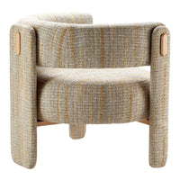 Modern accent chair featuring a textured, gray fabric with subtle yellow and blue striped patterns.