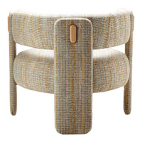 "Round chair with gray, beige, and subtle yellow-striped upholstery pattern."