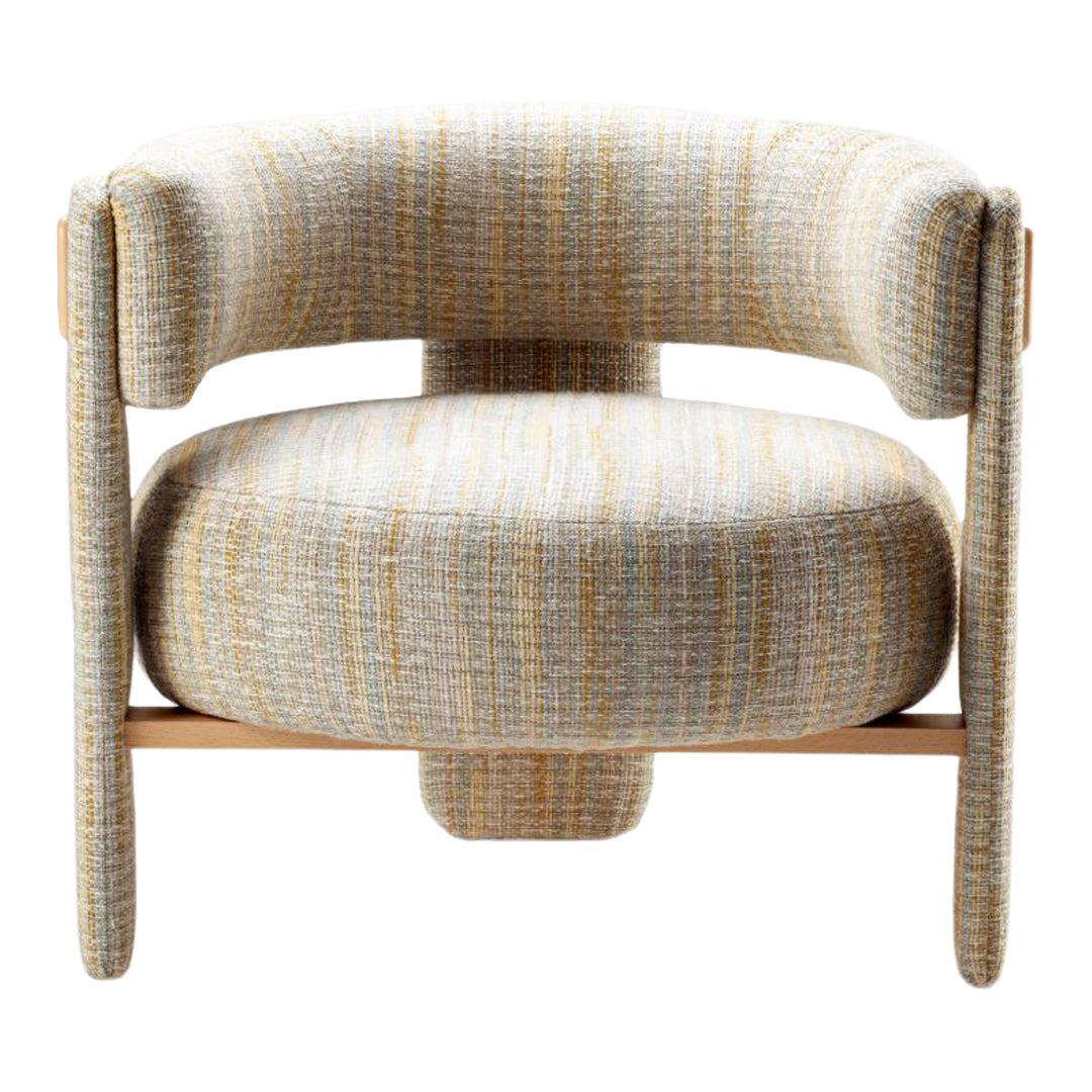 Textured chair in soft gray, accented with yellow and blue stripes for a modern, cozy look.