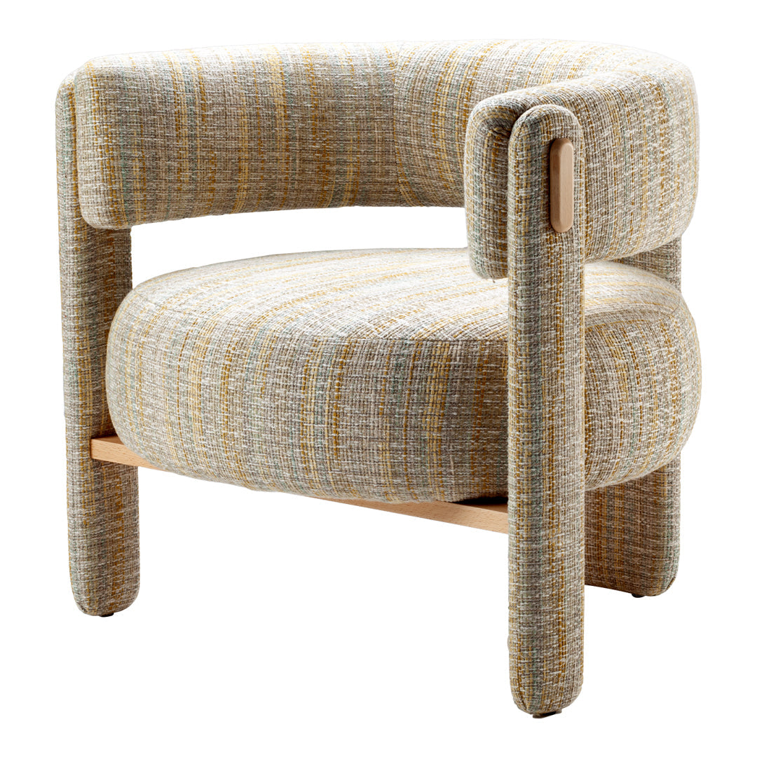 Curved chair in soft beige fabric with subtle yellow and gray patterns, featuring a minimalist wooden base.