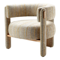 Curved chair in soft beige fabric with subtle yellow and gray patterns, featuring a minimalist wooden base.