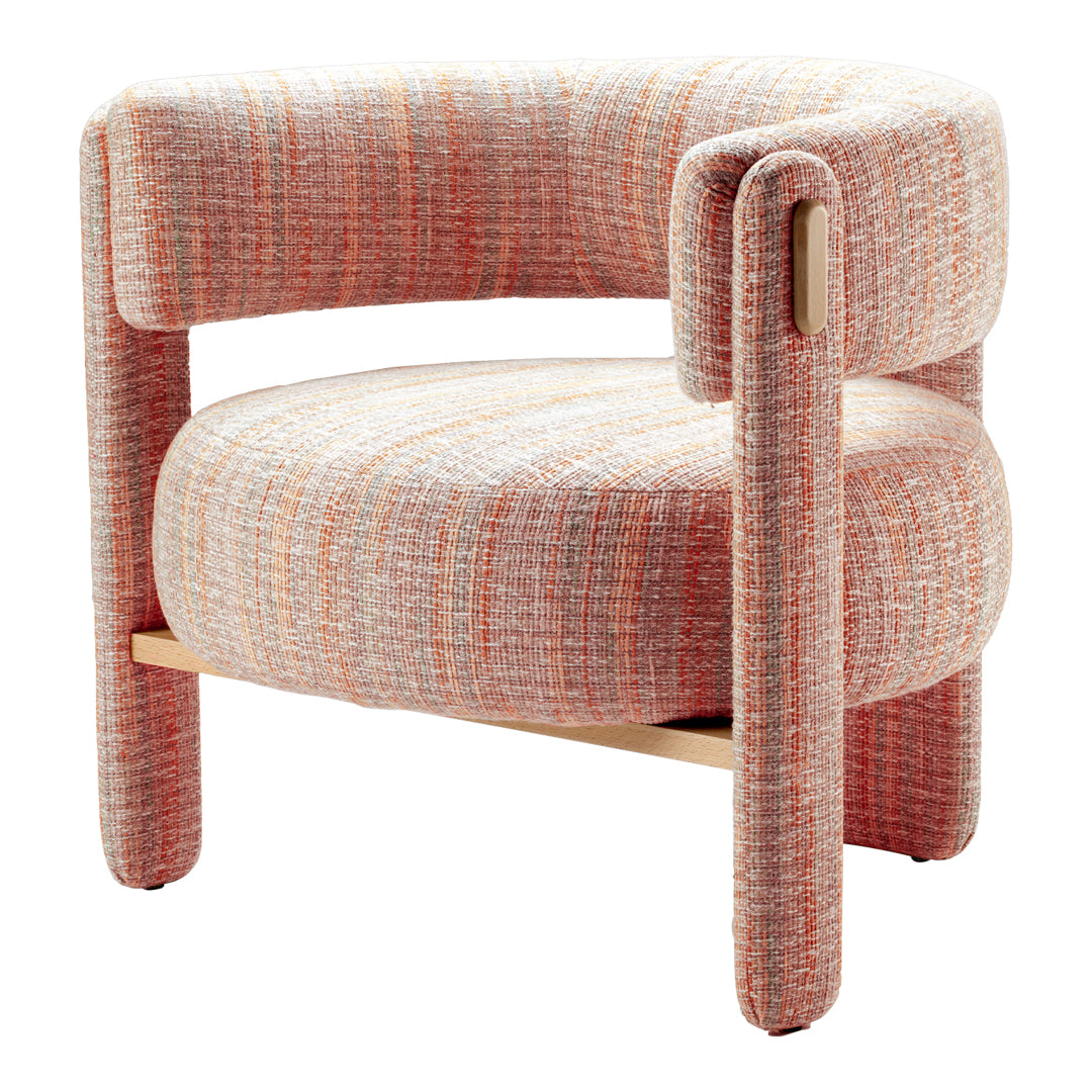 Pink and orange woven chair featuring a soft, textured pattern with rounded edges and natural wood accents.