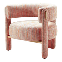 Pink and orange woven chair featuring a soft, textured pattern with rounded edges and natural wood accents.