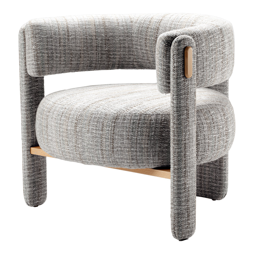 Gray textured chair with a curved design and subtle plaid pattern, complemented by light wood accents.