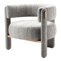 Gray textured chair with a curved design and subtle plaid pattern, complemented by light wood accents.