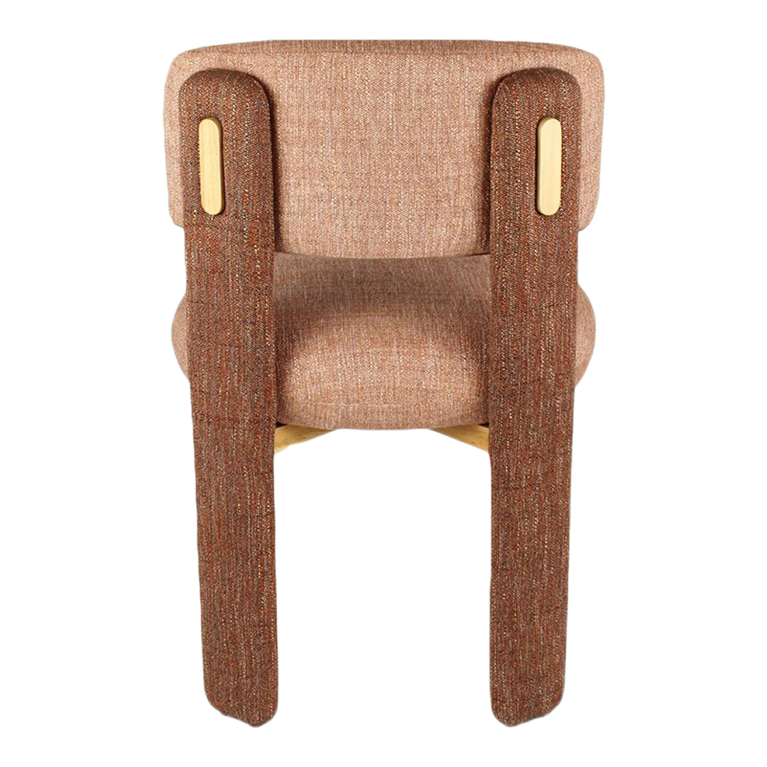 Brown upholstered chair with textured fabric and contrasting wooden accents. Warm, inviting color palette.