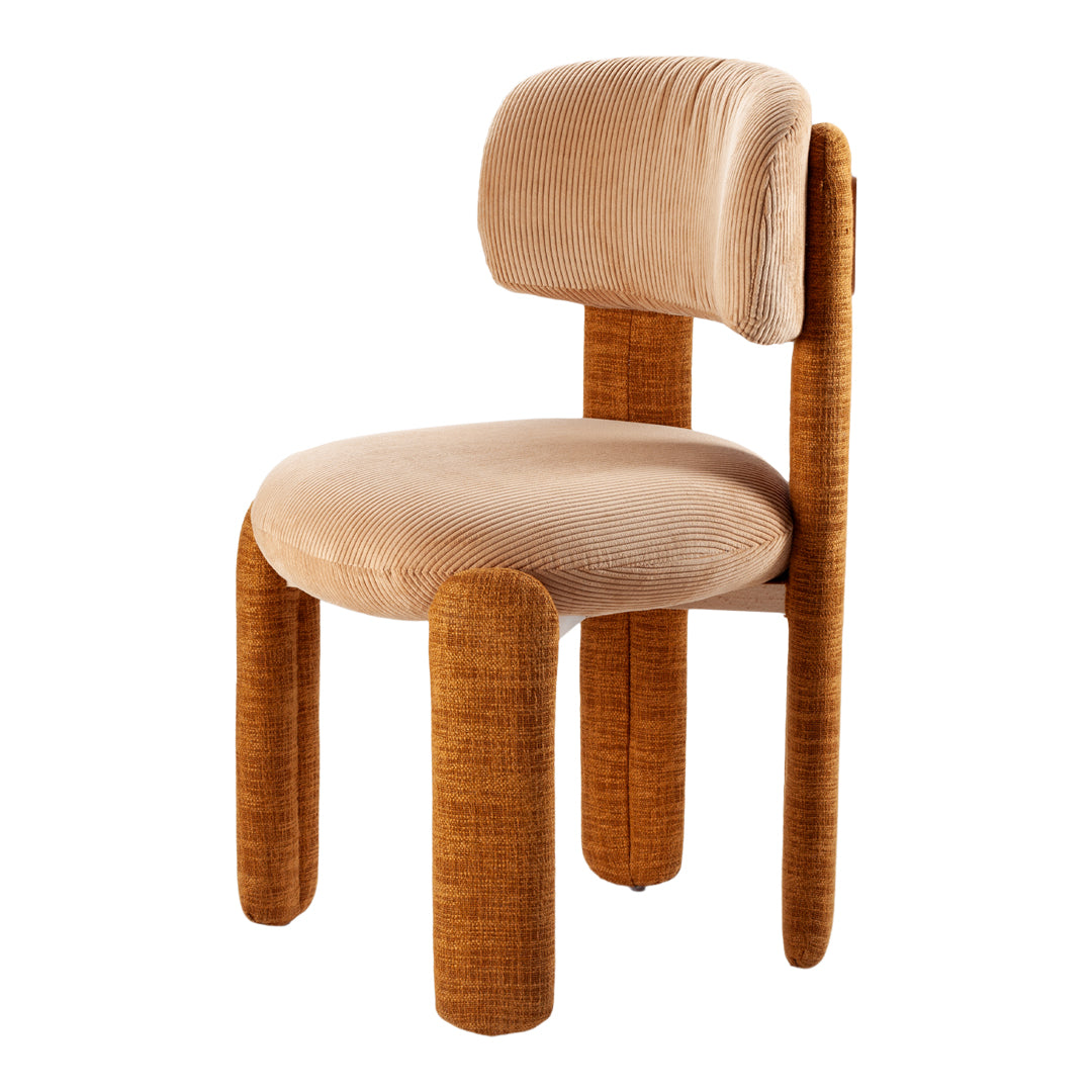 Beige ribbed upholstery with contrasting rust-colored textured legs for a modern chair design.