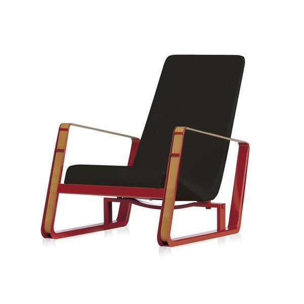 Black fabric lounge chair with bold red and natural wood frame accents, showcasing a modern design aesthetic.