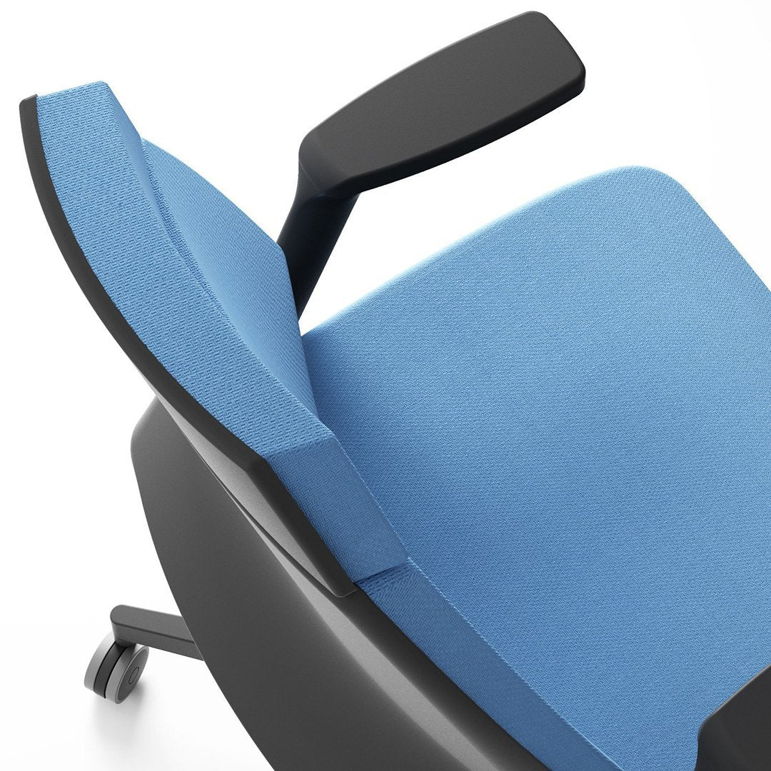 Blue upholstered office chair with sleek black armrests and base, featuring a modern minimalist design.