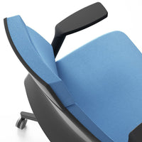 Blue upholstered office chair with sleek black armrests and base, featuring a modern minimalist design.