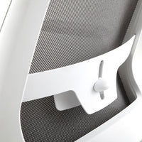 White ergonomic chair with a sleek mesh back, featuring a modern, minimalistic design and subtle gray patterns.