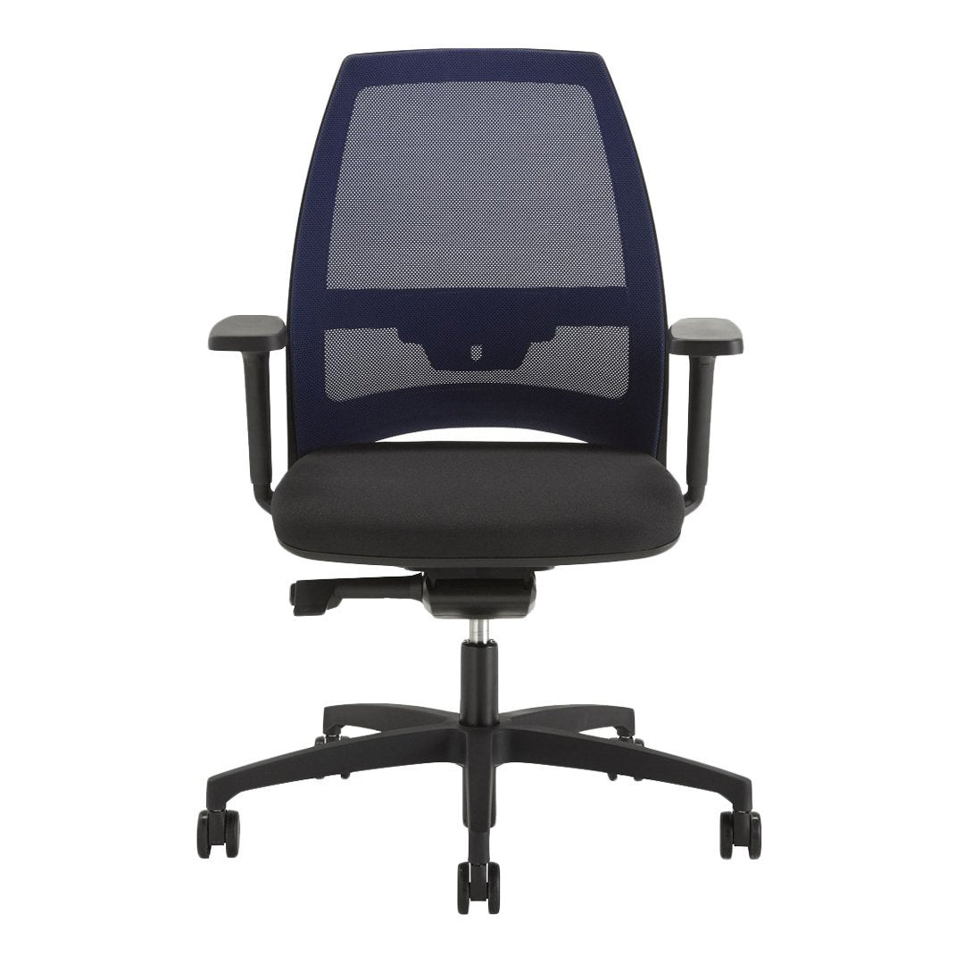 Navy mesh office chair with black seat and frame, featuring a modern ergonomic design.