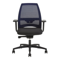 Navy mesh office chair with black seat and frame, featuring a modern ergonomic design.
