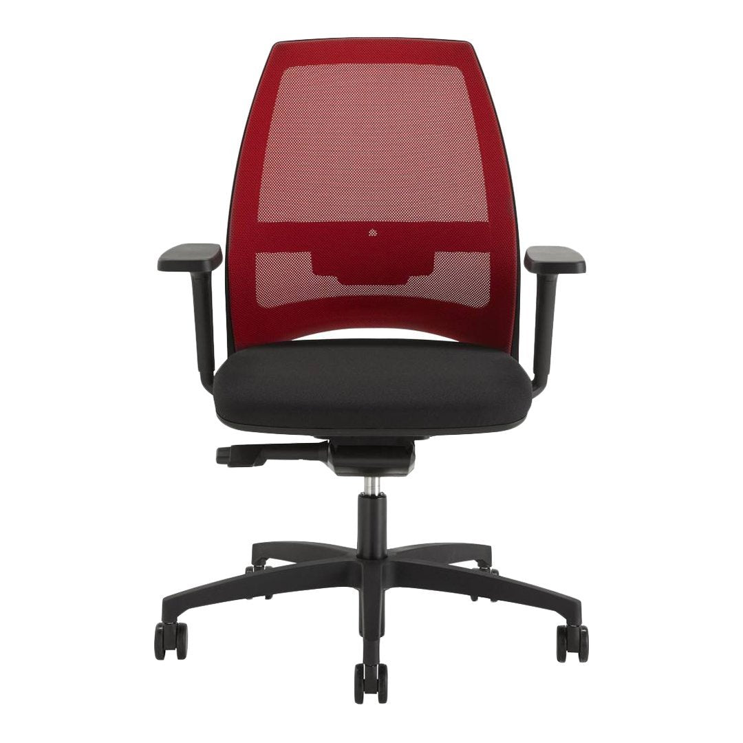 Red mesh back office chair with black seat and five-star base. Modern ergonomic design for comfort and style.