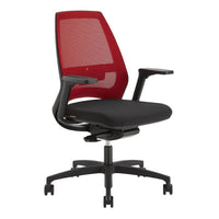 Red mesh back office chair with a black cushioned seat and a sleek black base. Modern design for office use.