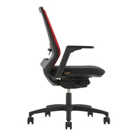 Ergonomic office chair featuring a sleek black design with red accents and a modern mesh back for breathability.