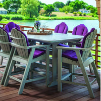 Gray outdoor dining set with purple cushions, featuring a sleek, modern design and vibrant color contrast.