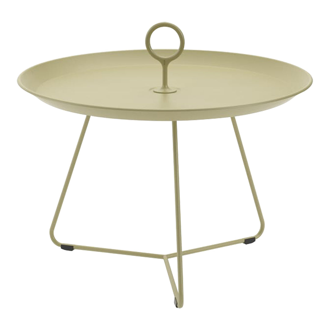 Round olive green serving tray table with a minimalist design and a central handle on slim metal legs.