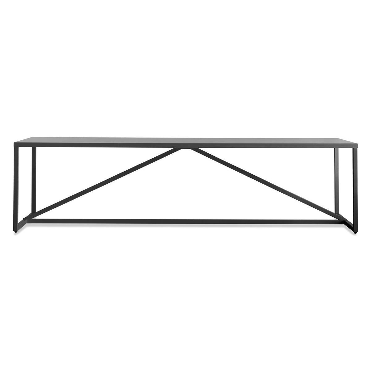 Black metal console table with a sleek, modern design featuring a geometric pattern in the base.