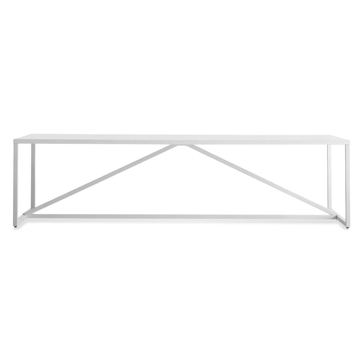 White metal table with a simple, geometric design, featuring a clean, streamlined appearance.