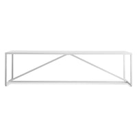 White metal table with a simple, geometric design, featuring a clean, streamlined appearance.