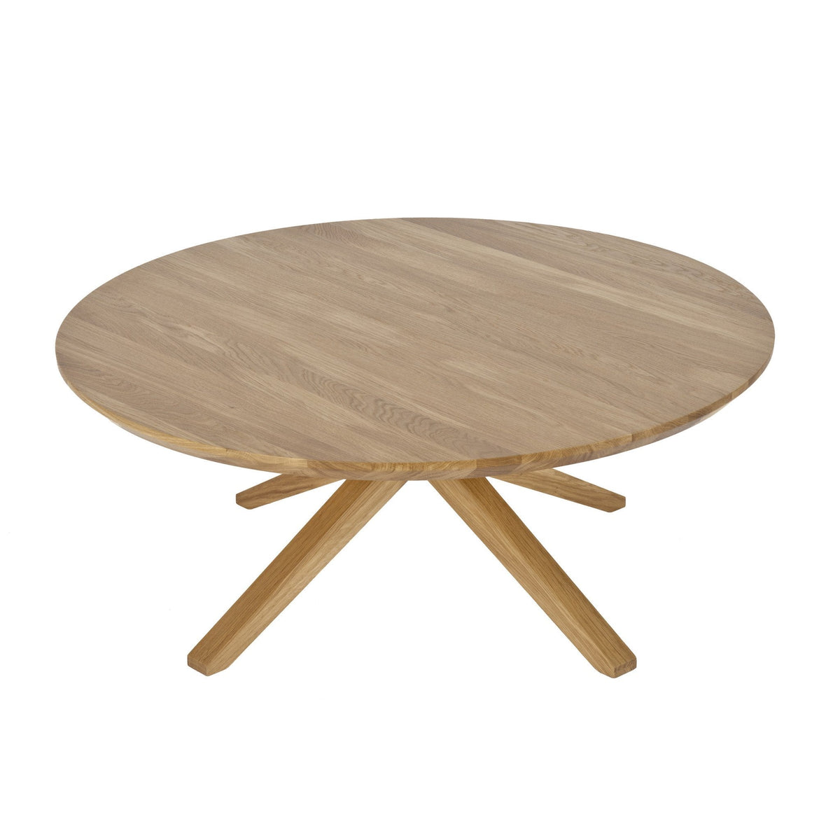 Round wooden coffee table with a light oak finish and simple, natural grain pattern. Ideal for modern decor.