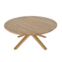 Round wooden coffee table with a light oak finish and simple, natural grain pattern. Ideal for modern decor.
