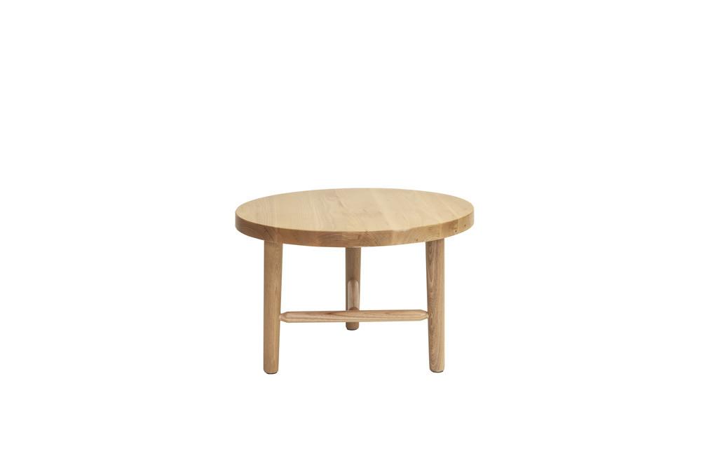 Natural wood round coffee table with a light oak finish and smooth surface, featuring minimalist design and no visible patterns.