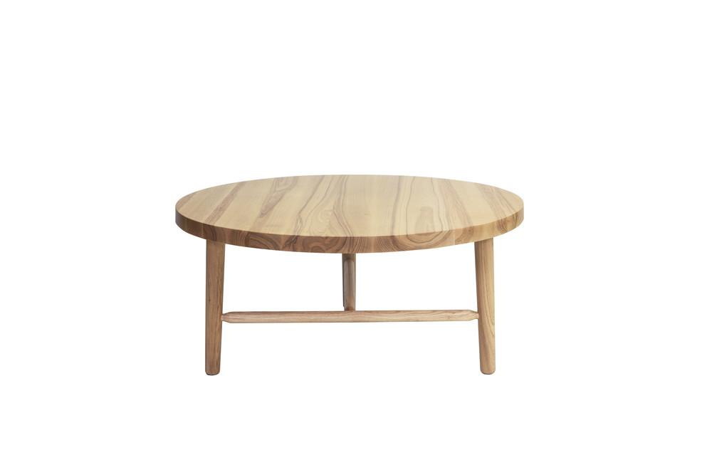 Natural wood coffee table with a smooth light brown finish and minimalistic round design. Perfect for modern decor.