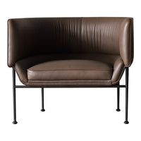 Brown leather accent chair with vertical ribbed pattern and sleek black metal legs. Modern design for stylish interiors.