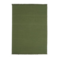 Solid olive green rectangular rug with fringed edges, perfect for adding a touch of nature to any space.