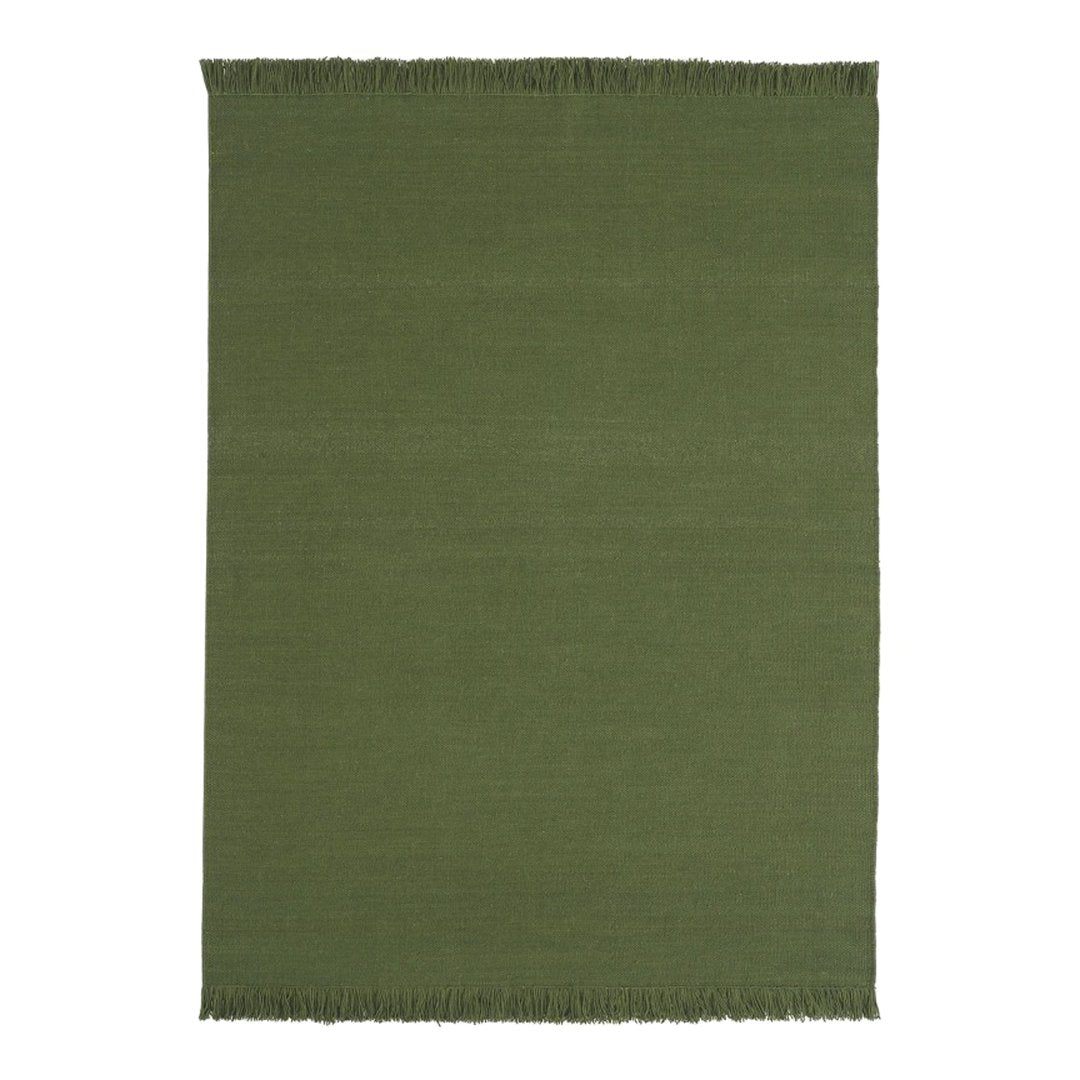 Solid dark green rug with fringe detailing, perfect for adding a touch of elegance to any space.