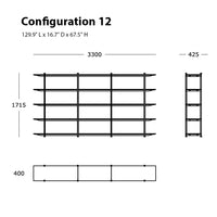 "Black shelving unit with linear patterns, featuring multiple horizontal shelves in a modern design."