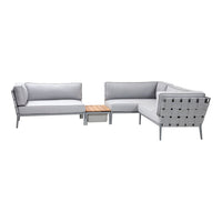 "Modern gray outdoor sectional sofa with a wood-accented coffee table, featuring clean lines and minimalist design."